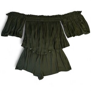 Skylar + Madison Olive Green Off Shoulder Romper Small Smocked Top Flowy